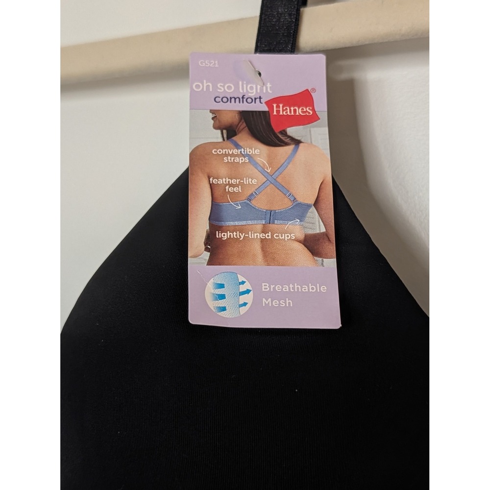 Hanes Oh So Light Comfort Wire-Free Bra Black MHG521 Mesh Convertible Straps M - Picture 3 of 7